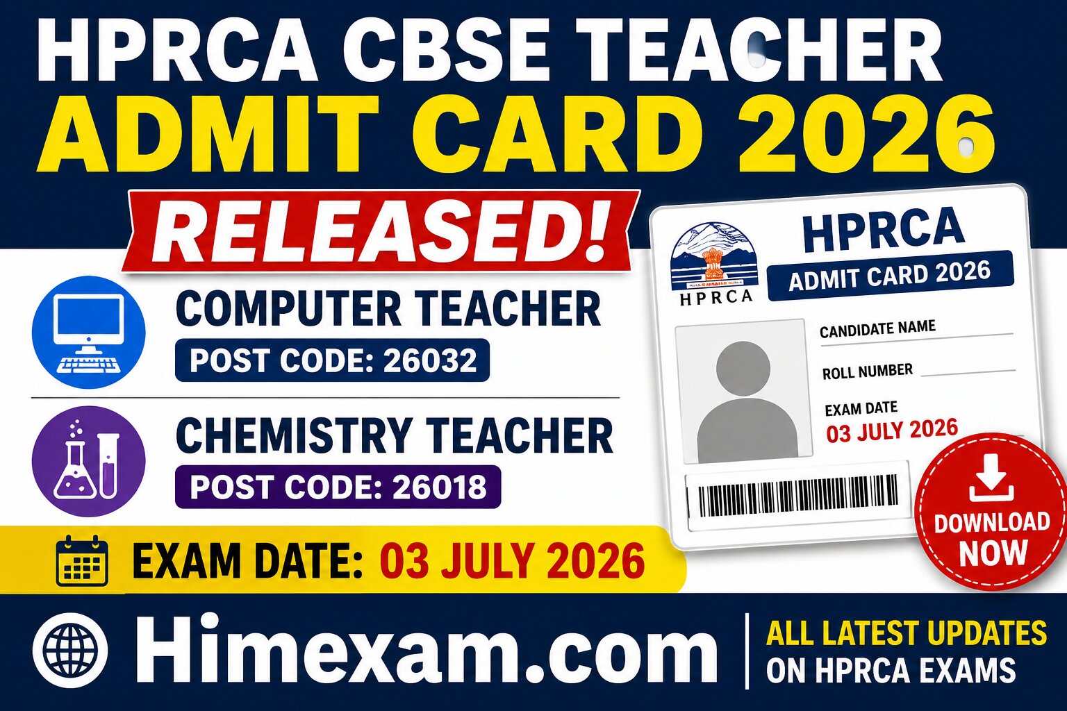 HPRCA CBSE Computer Teacher & Chemistry Teacher Admit Card 2026