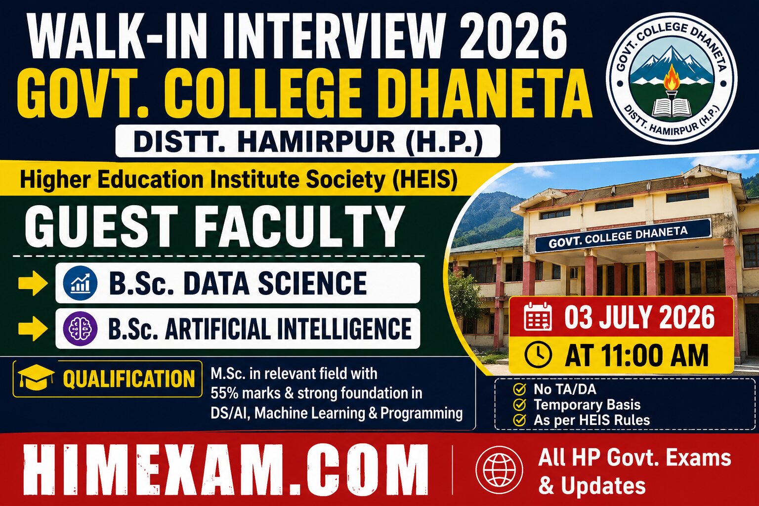 Govt. College Dhaneta Hamirpur Walk-in Interview 2026 for Guest Faculty in Data Science & Artificial Intelligence