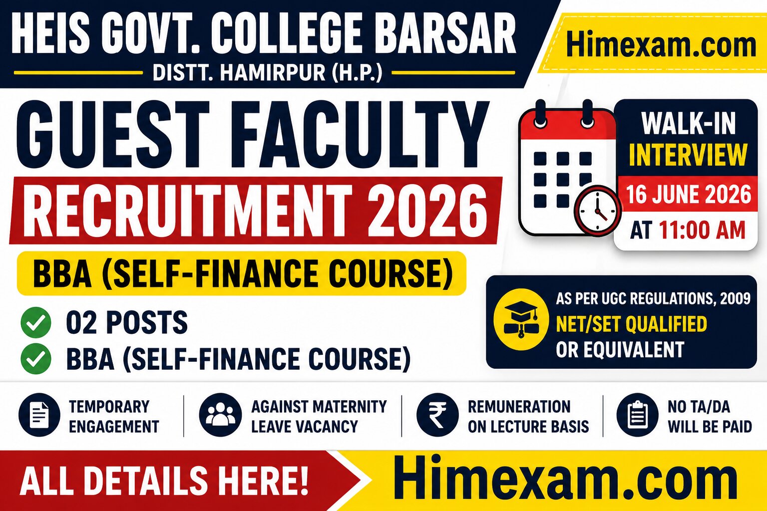 HEIS Govt. College Barsar Guest Faculty Recruitment 2026 – Walk-in Interview for BBA Posts