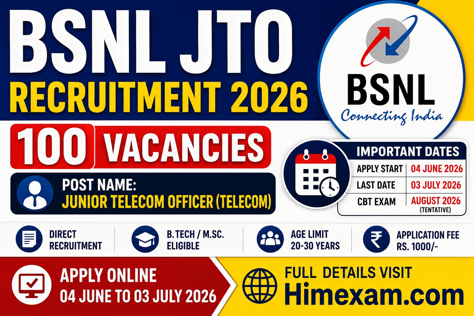 BSNL JTO Recruitment 2026 Notification Out for 100 Posts, Apply Online @ bsnl.co.in