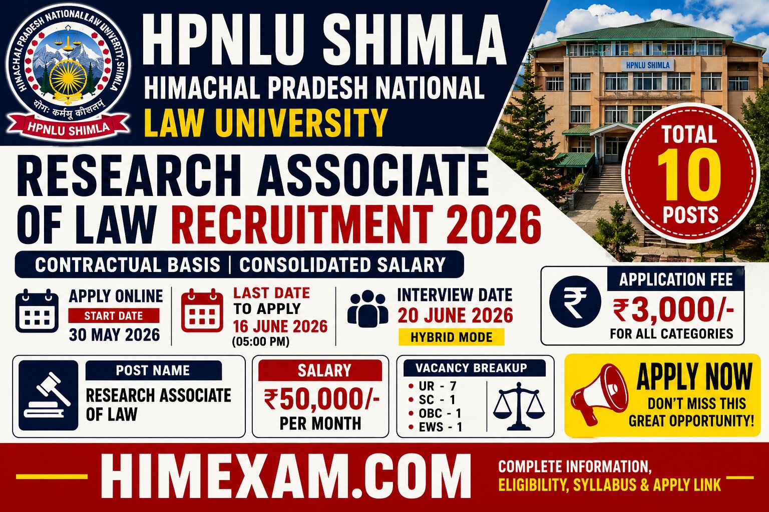 HPNLU Shimla Research Associate of Law Recruitment 2026