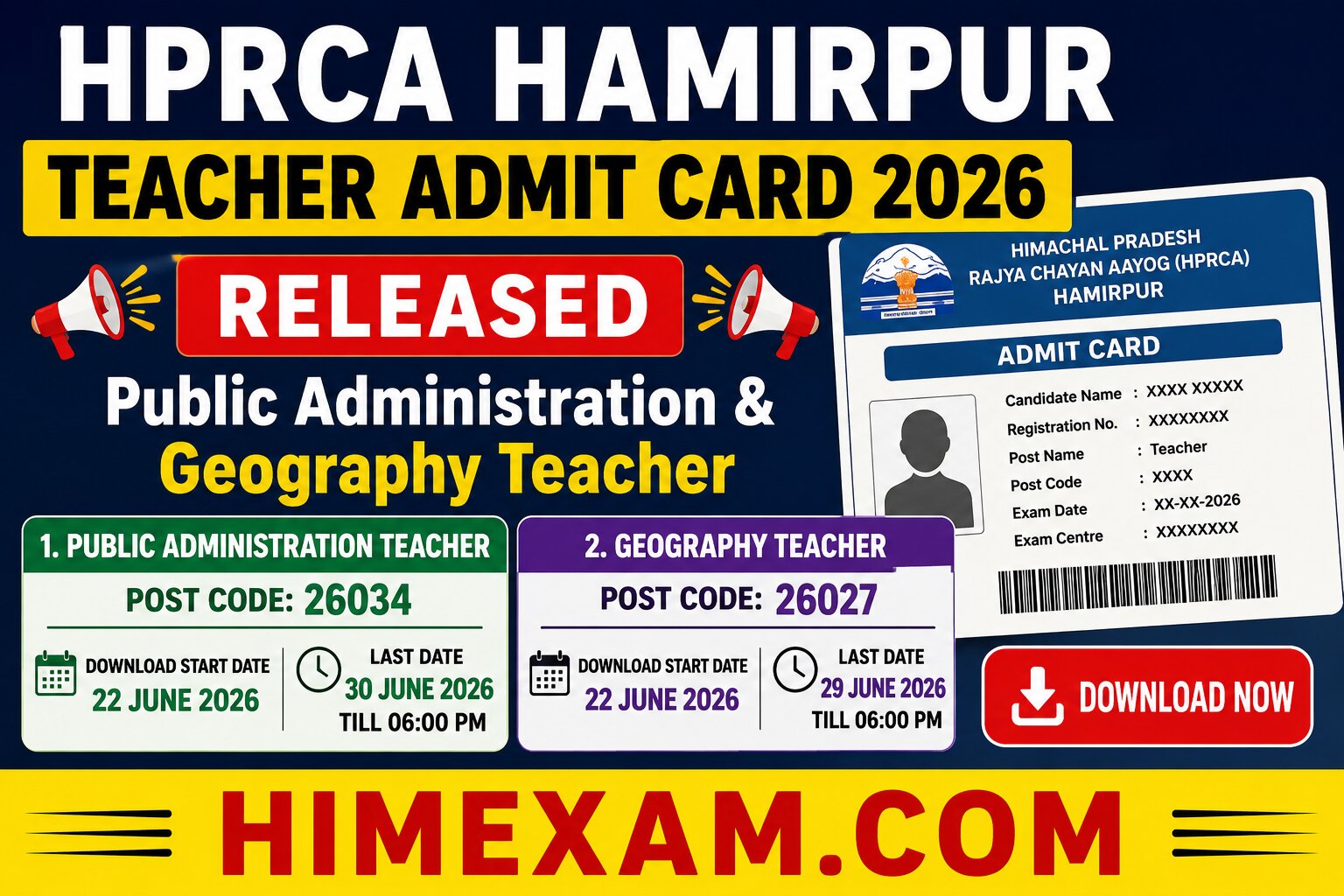 HPRCA Hamirpur Teacher Admit Card 2026 Released for Public Administration (Post Code 26034) & Geography (Post Code 26027)
