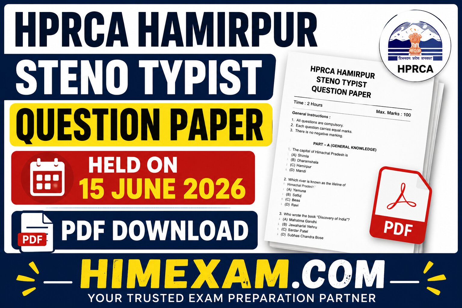 HPRCA Hamirpur Steno Typist Question Paper 2026 (Held on 15 June 2026) – Download PDF