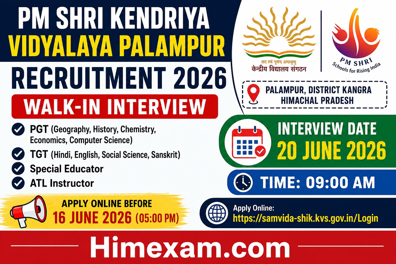 PM SHRI Kendriya Vidyalaya Palampur Recruitment 2026: Walk-in Interview for PGT, TGT, Special Educator and ATL Instructor Posts