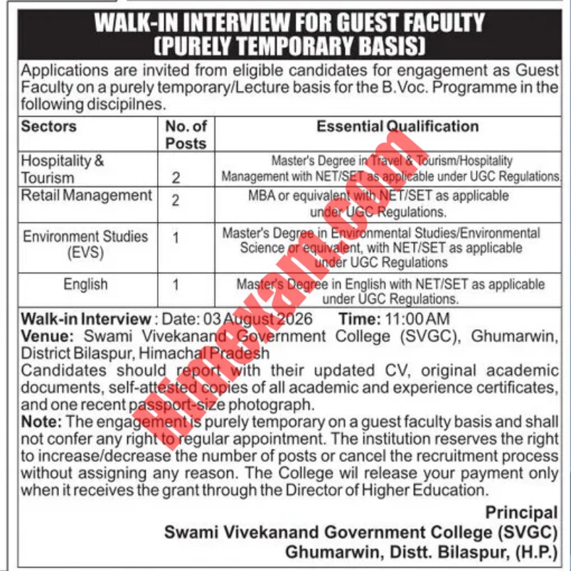 Swami Vivekanand Government College Ghumarwin Guest Faculty Recruitment 2026 – Walk-in Interview for 6 Posts