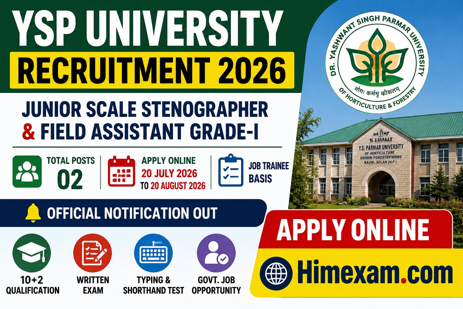 YSP University Recruitment 2026 Notification Out for Junior Scale Stenographer & Field Assistant Posts