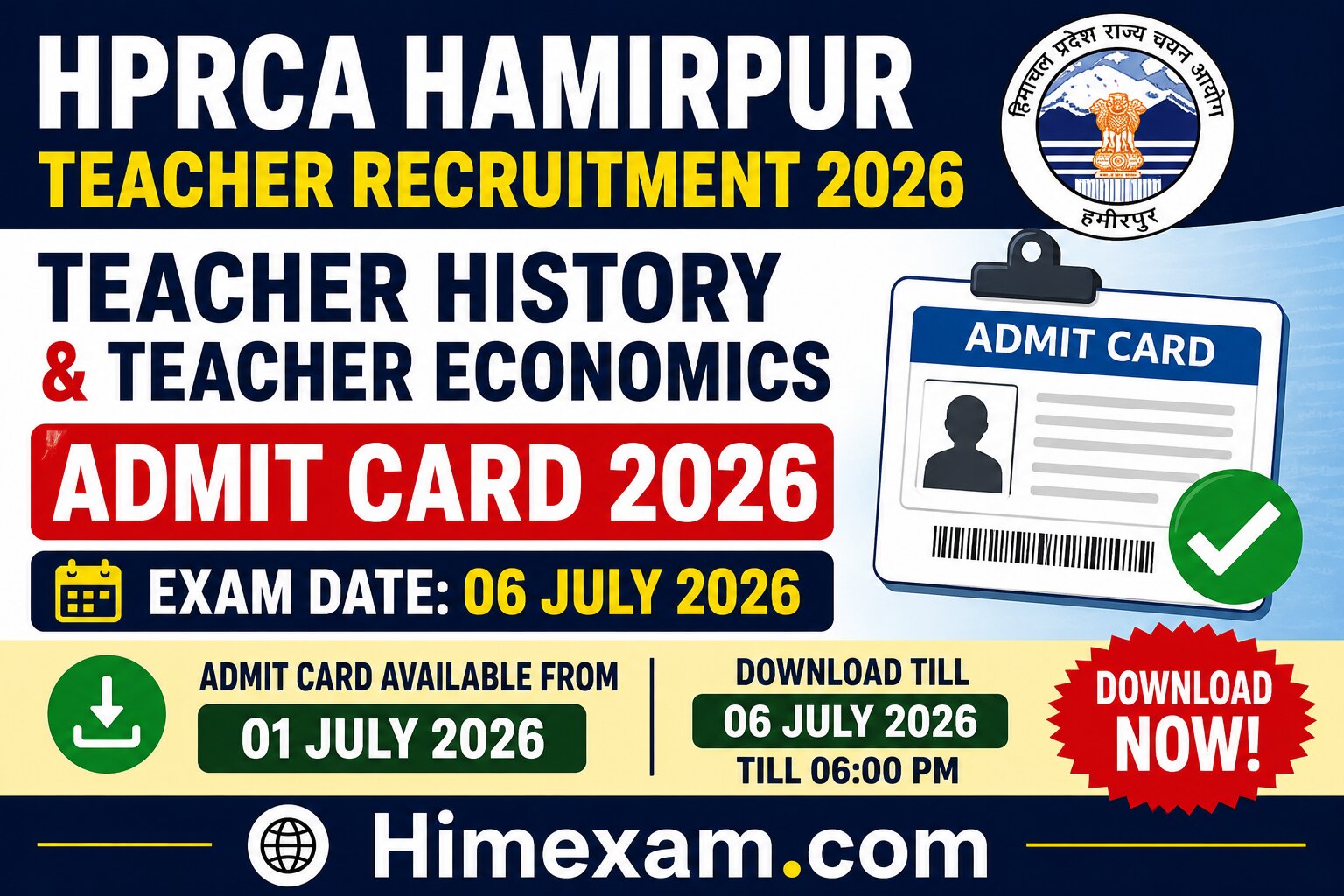 HPRCA Hamirpur Teacher History & Teacher Economics Admit Card 2026 Released – Download Hall Ticket