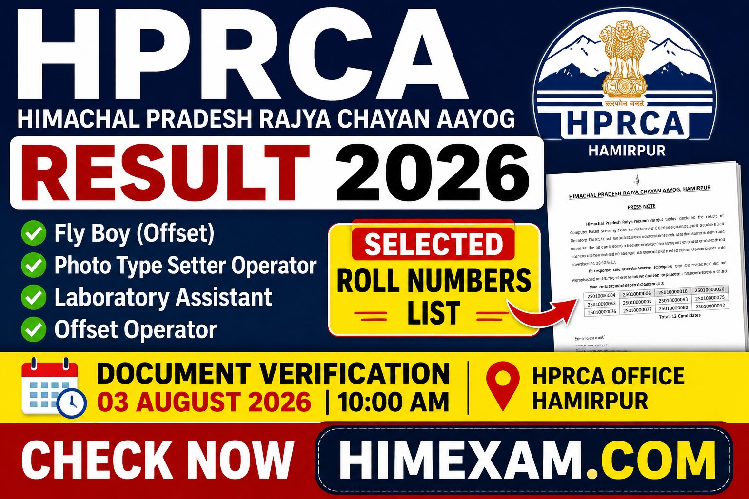 HPRCA Result 2026 Declared for Fly Boy, Photo Type Setter Operator, Laboratory Assistant & Offset Operator | Document Verification on 03 August