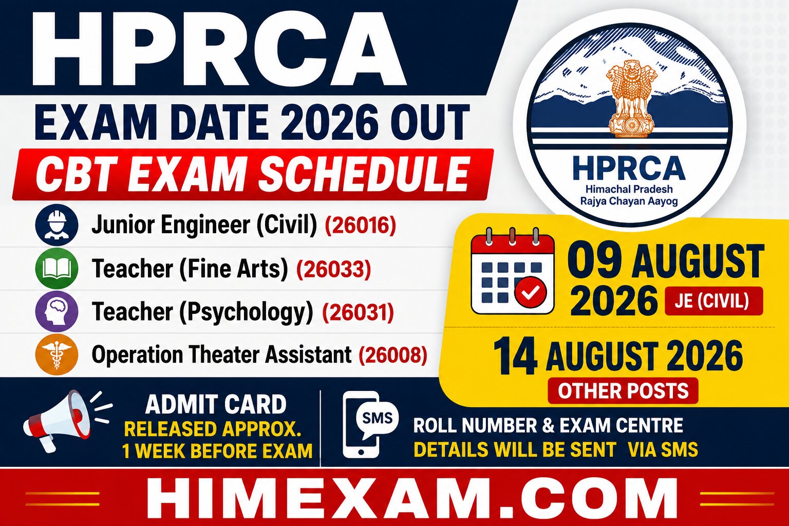 HPRCA Exam Date 2026 Out: JE Civil, Fine Arts Teacher, Psychology Teacher & Operation Theater Assistant