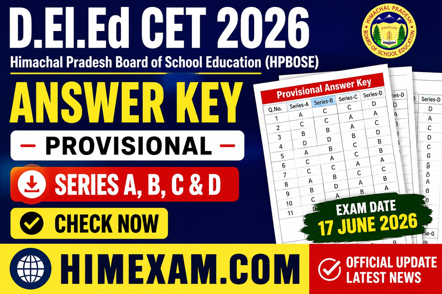 HPBOSE D.El.Ed CET 2026 Provisional Answer Key Released