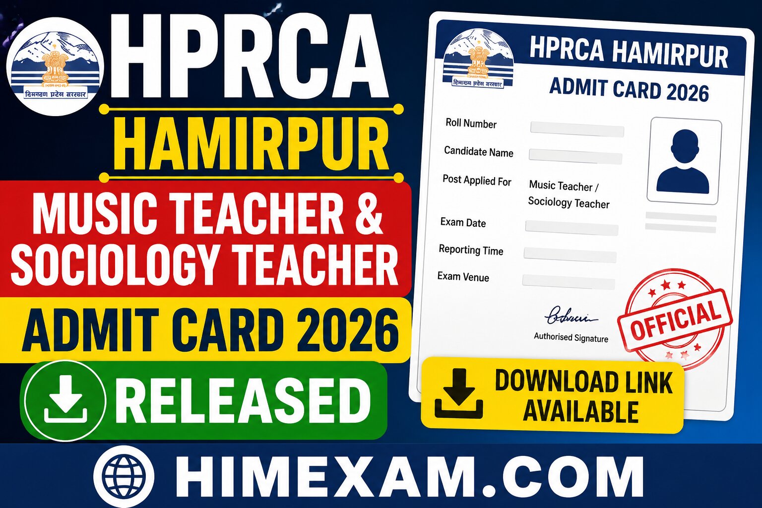 HPRCA Hamirpur Music Teacher & Sociology Teacher Admit Card 2026 Released – Download Link Available