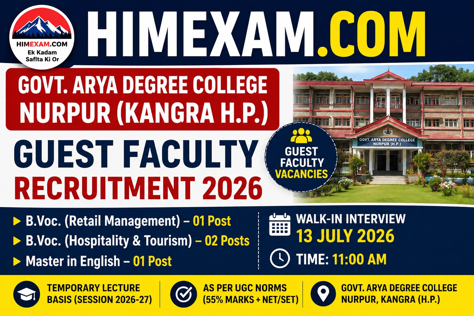 Govt. Arya Degree College Nurpur Guest Faculty Recruitment 2026