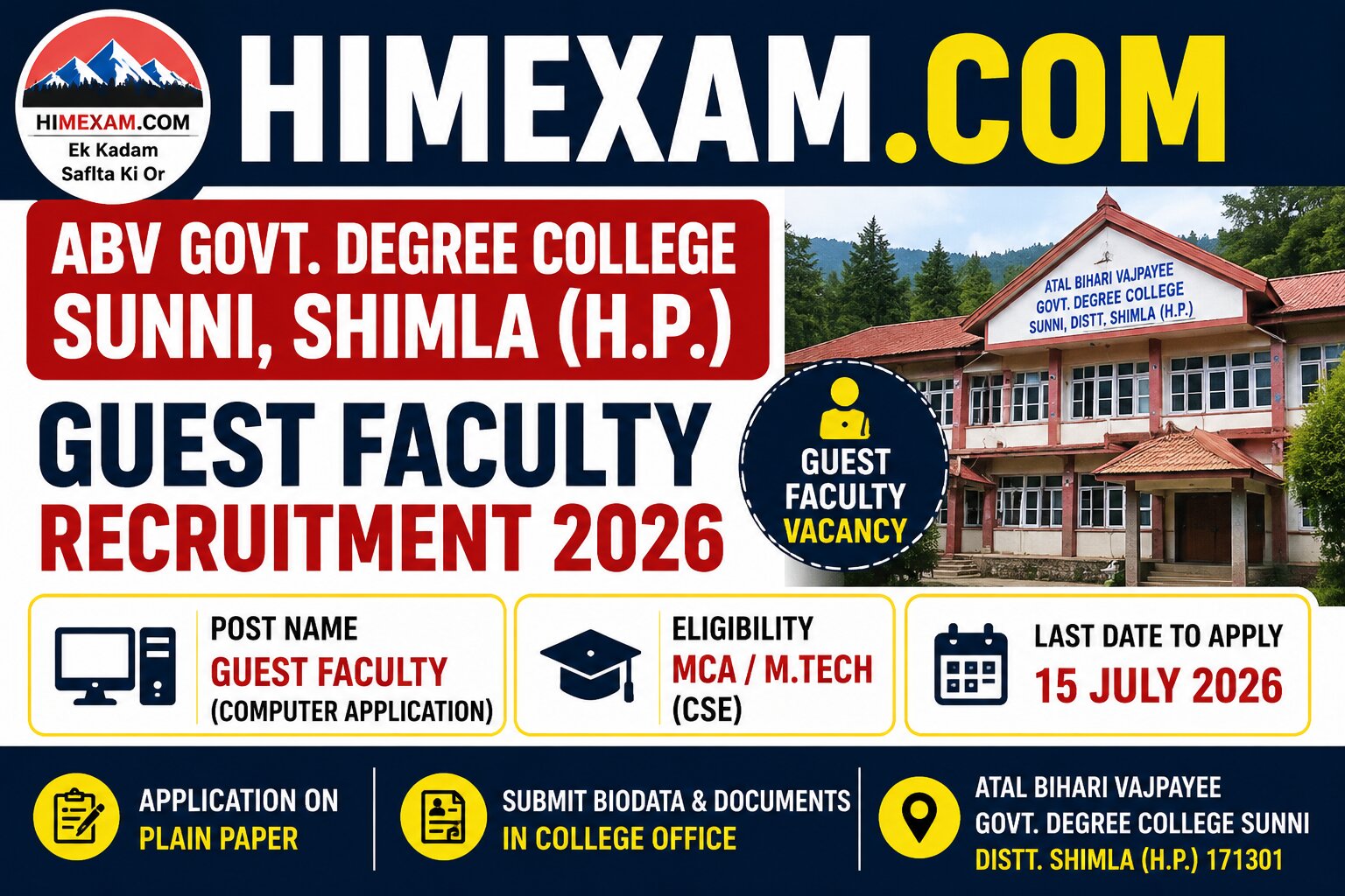 ABV Govt. Degree College Sunni Guest Faculty Recruitment 2026 – Apply for Computer Application Post