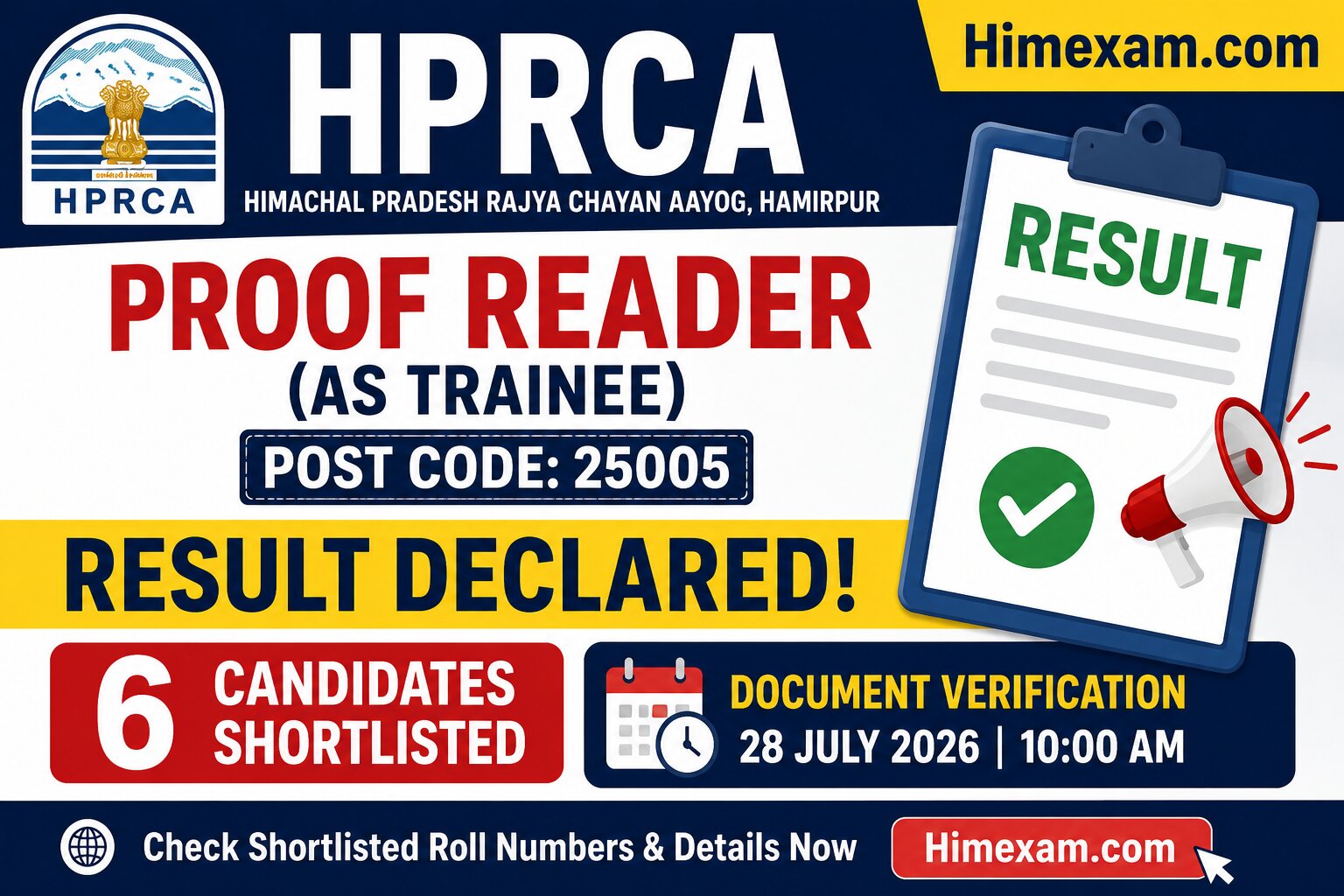 HPRCA Proof Reader Result 2026 Declared: 6 Candidates Shortlisted for Document Verification