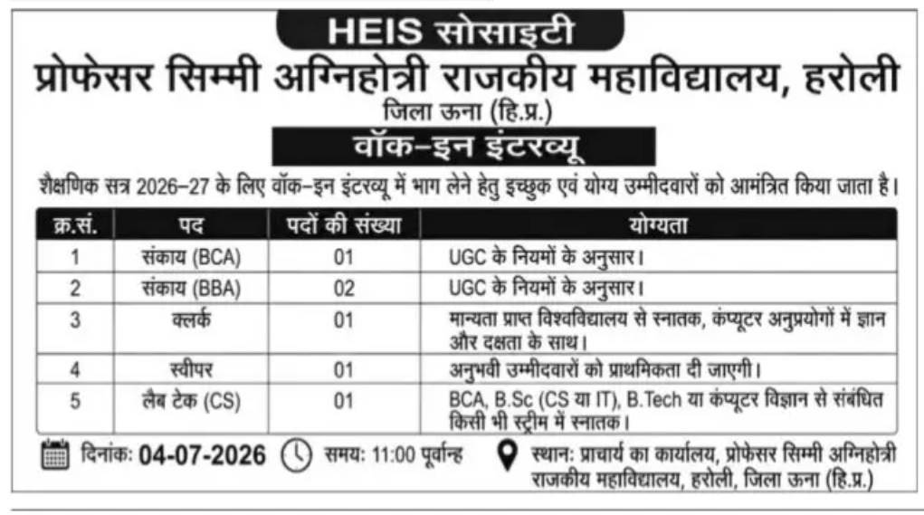 Govt College Haroli Una Walk-in Interview 2026 for Teaching and Non-Teaching Posts