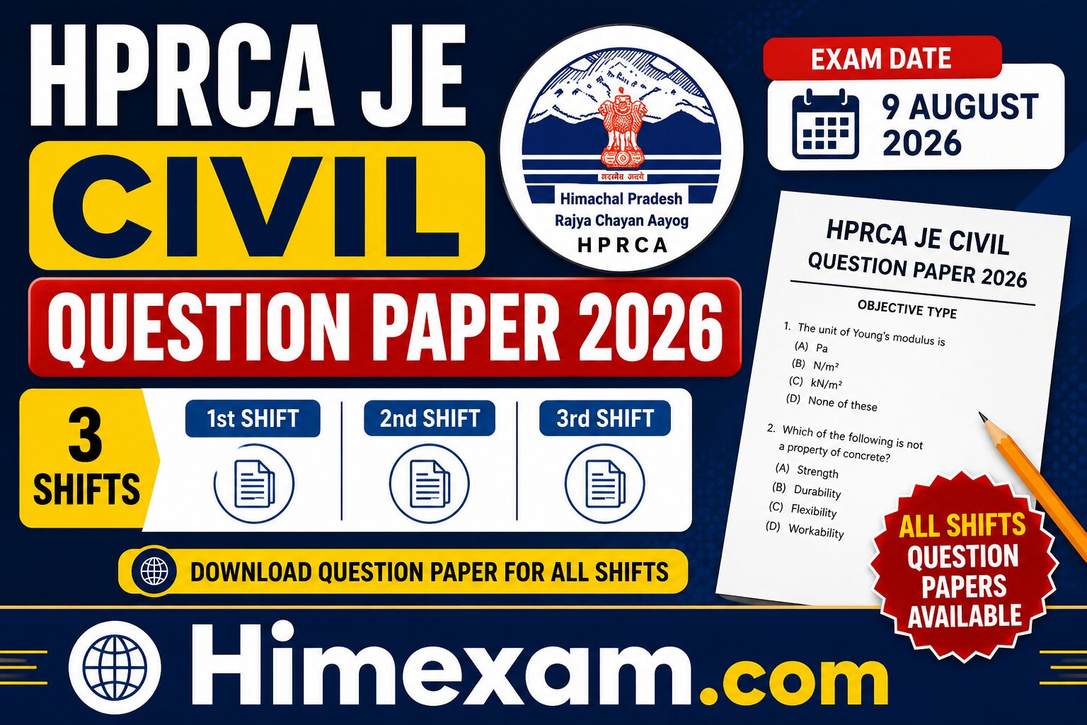 HPRCA JE Civil Question Paper 2026 – 9 August 2026 , All Shifts