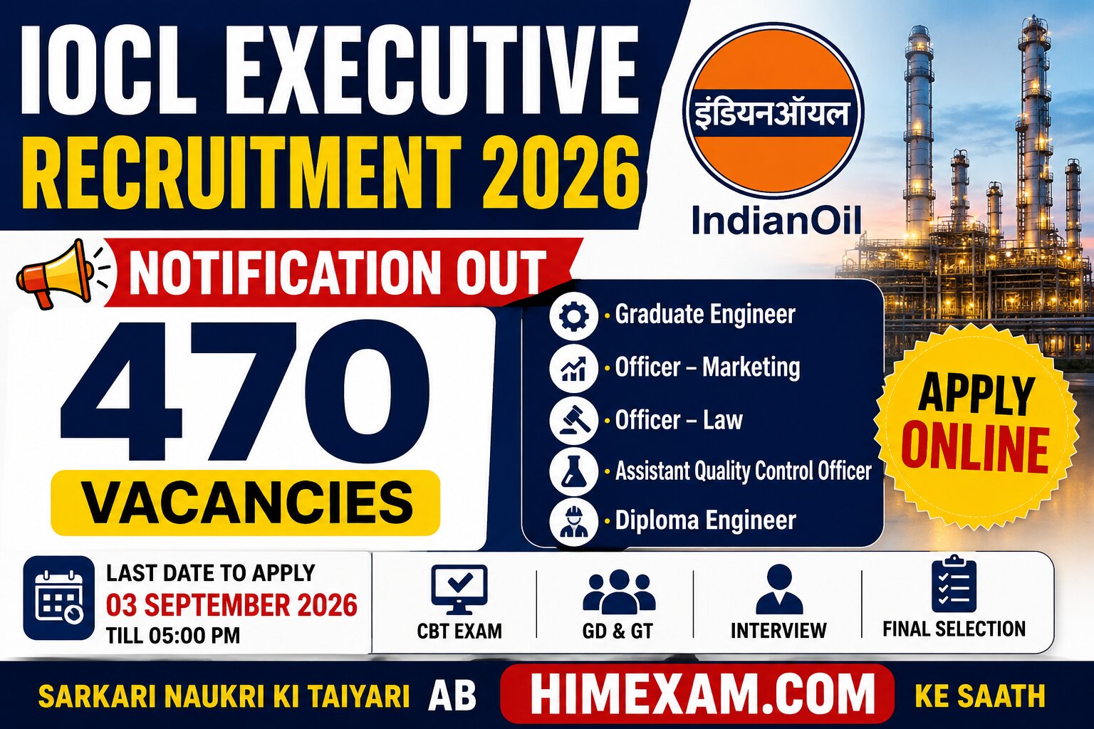 IOCL Executive Recruitment 2026: 470 Vacancies, Notification Out, Apply Online
