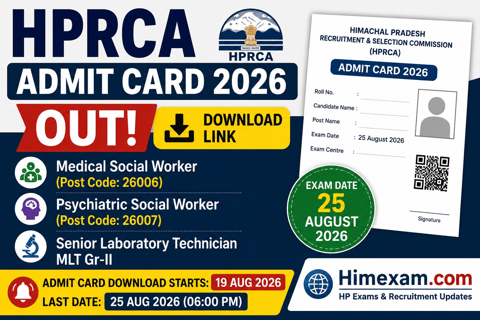 HPRCA Admit Card 2026 Out: Medical Social Worker, Psychiatric Social Worker & Senior Laboratory Technician MLT Gr-II – Download Link