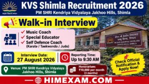 KVS Shimla Recruitment 2026: Walk-in Interview for Music Coach, Special Educator & Self Defence Coach