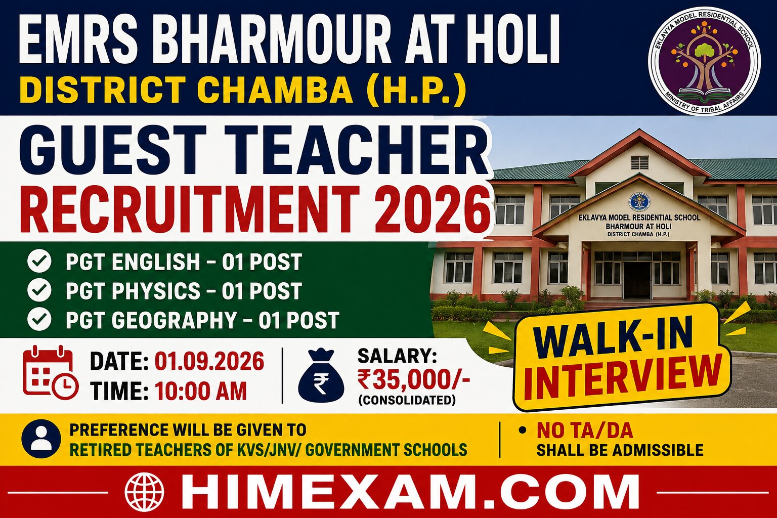 EMRS Bharmour Guest Teacher Recruitment 2026 – Walk-in Interview for PGT Posts