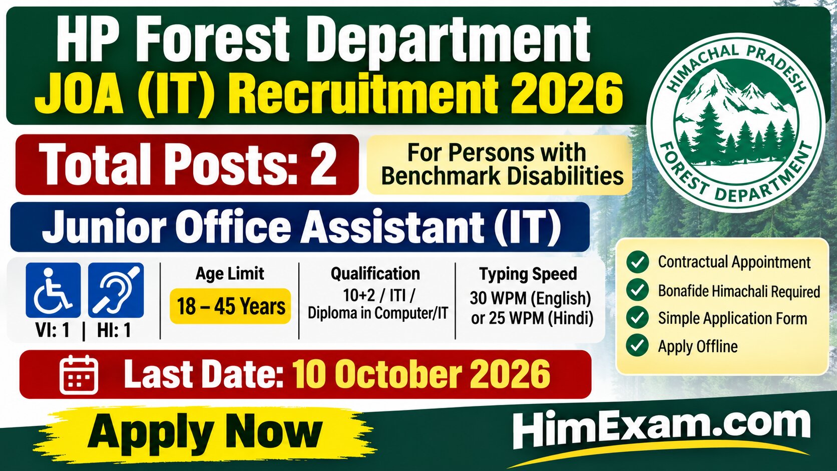 HP Forest Department JOA (IT) Recruitment 2026 – 2 Posts, Eligibility, Dates & Application Form
