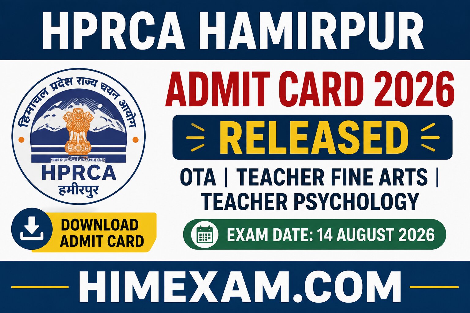 HPRCA Hamirpur Admit Card 2026 Released for OTA Teacher Fine Arts & Teacher Psychology