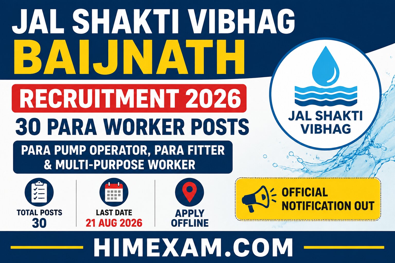 Jal Shakti Vibhag Baijnath Recruitment 2026 – 30 Para Worker Posts, Apply Offline