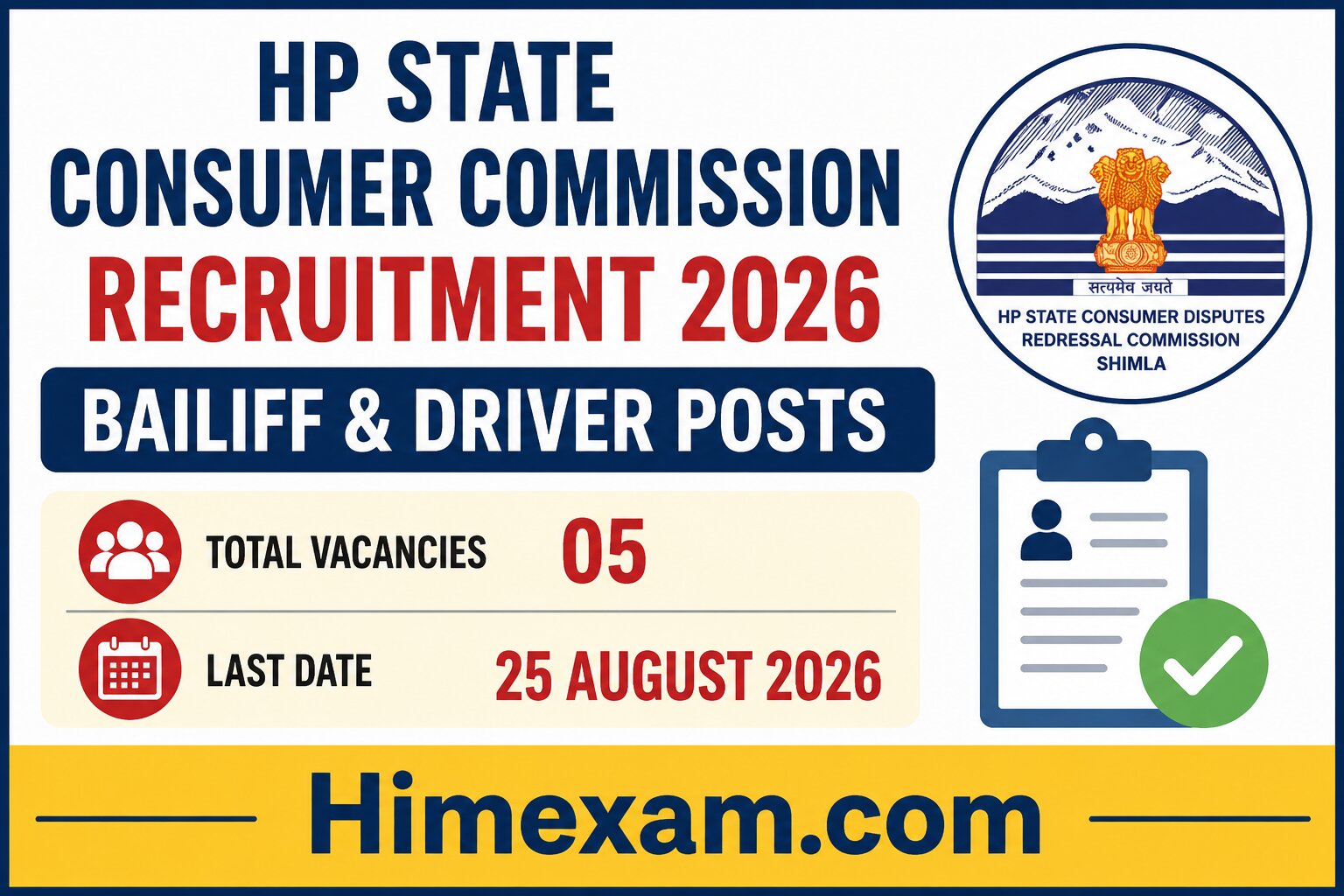 HP State Consumer Commission Recruitment 2026 – Bailiff & Driver Posts, Apply by 25 August 2026