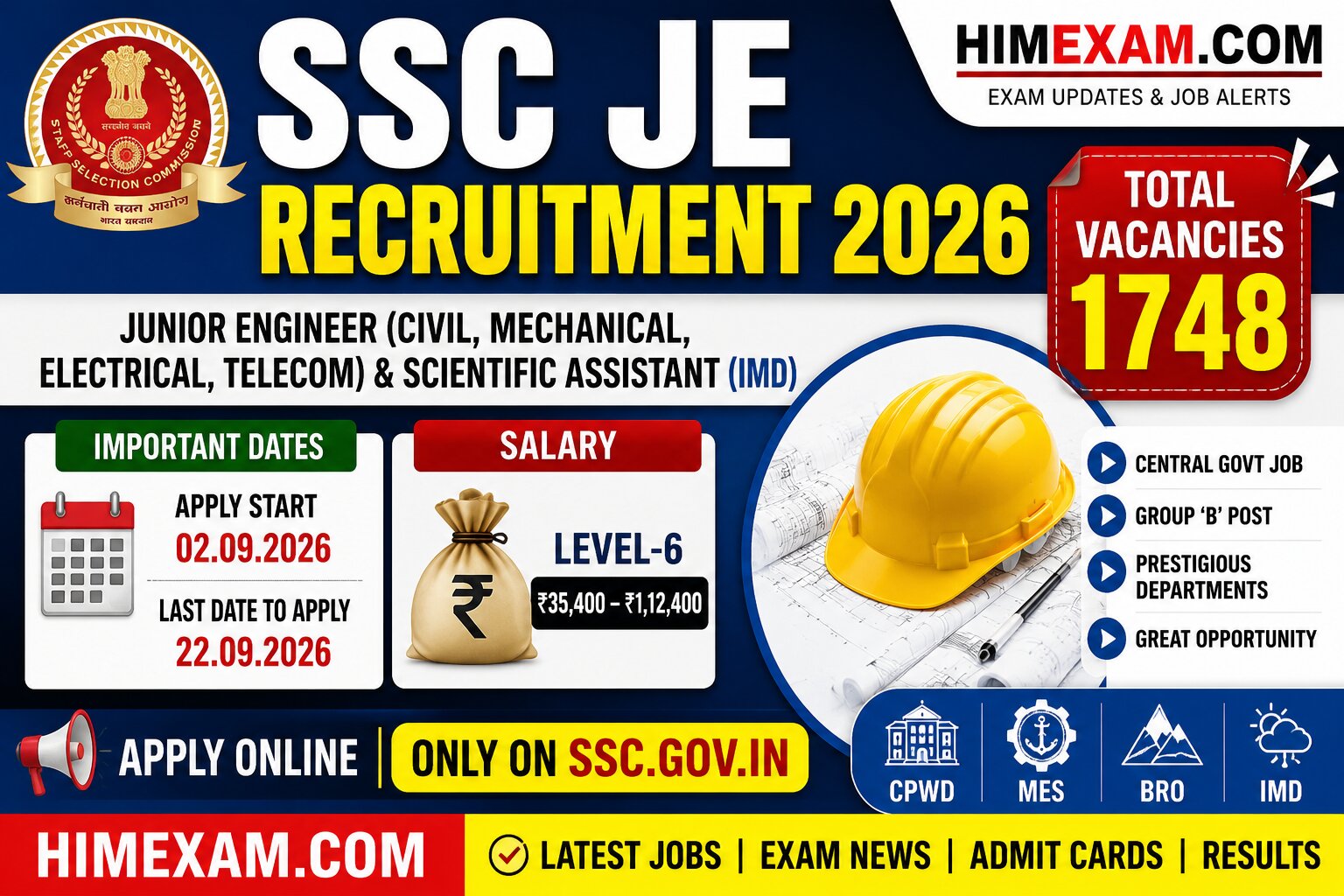 SSC JE Recruitment 2026: Apply Online for 1748 Junior Engineer Vacancies, Notification, Eligibility & Exam Dates