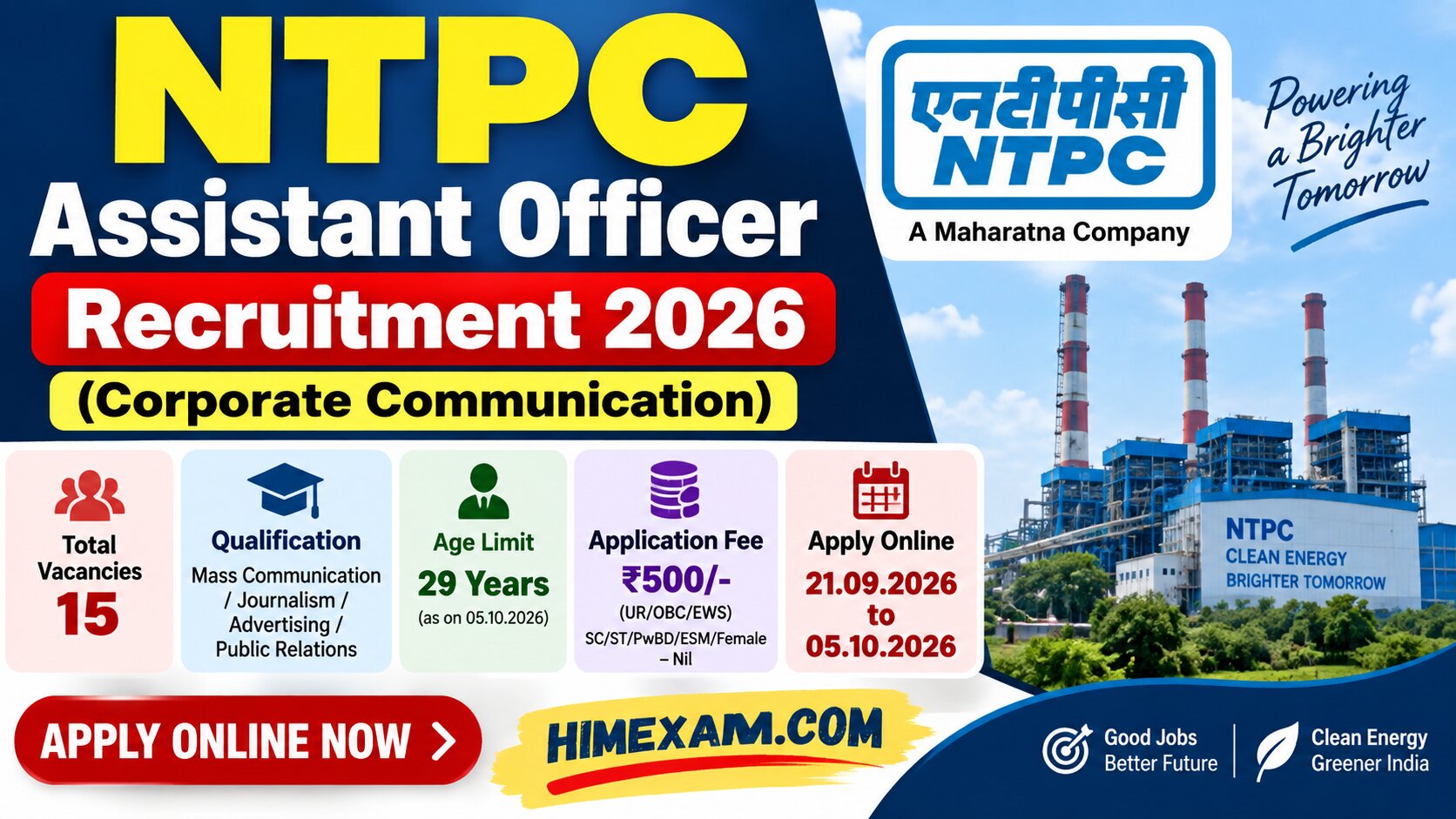 NTPC Assistant Officer Recruitment 2026: Apply Online for 15 Corporate Communication Posts