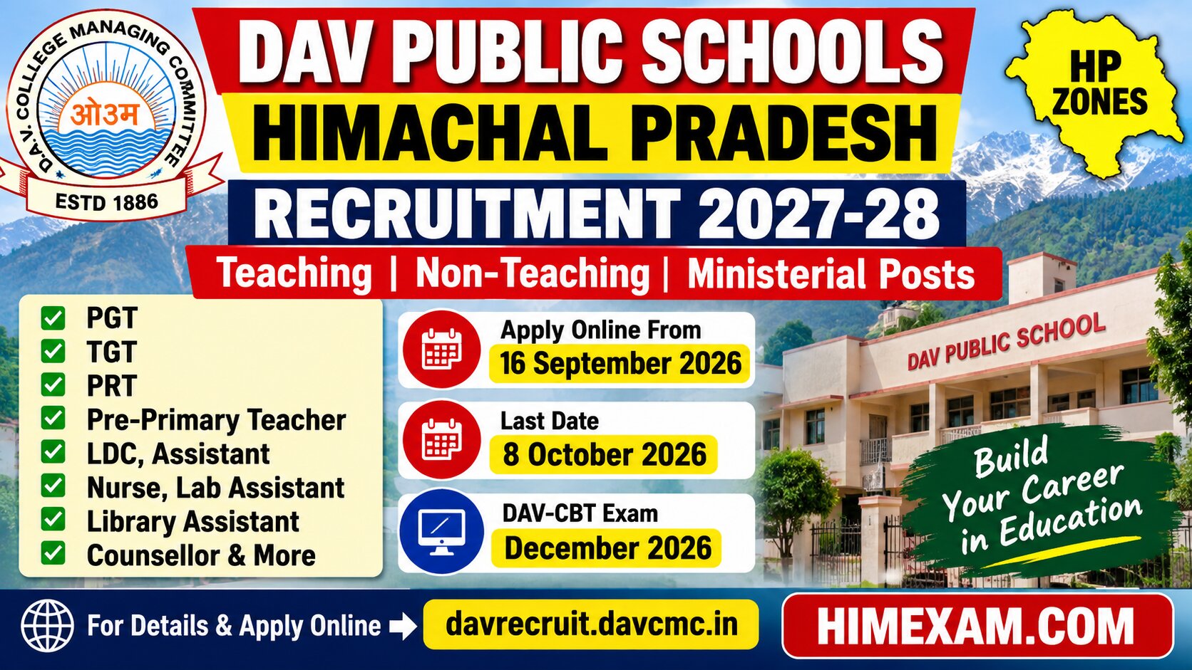 DAV Public Schools Himachal Pradesh Recruitment 2027-28: Teaching & Non-Teaching Posts
