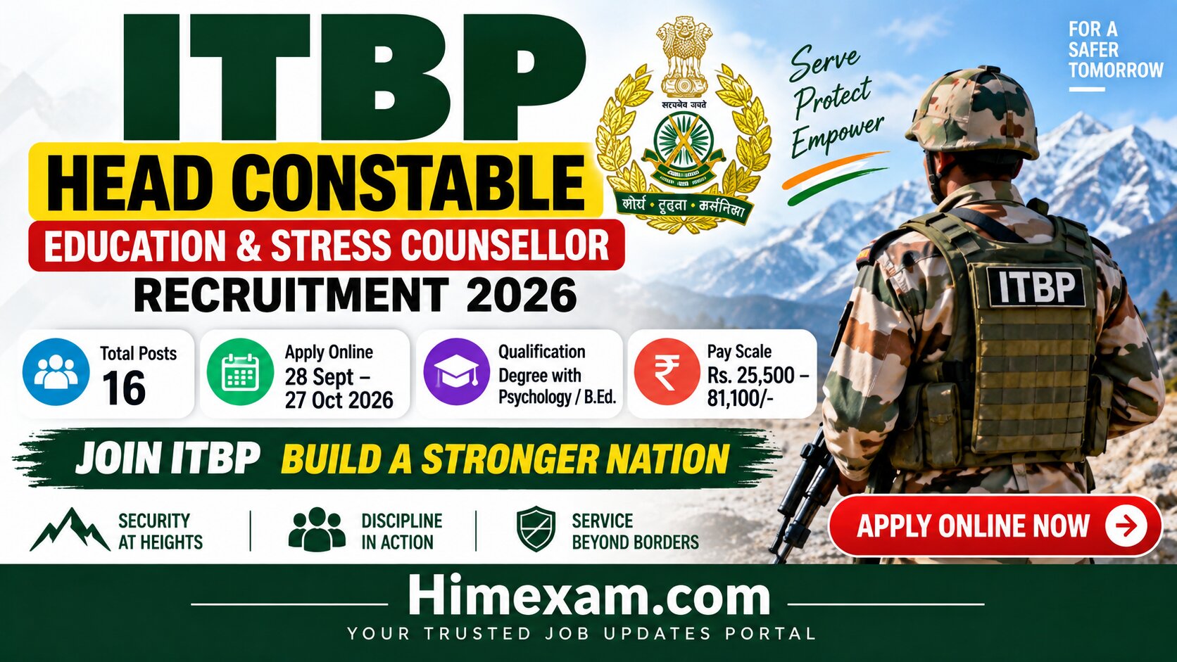 ITBP Head Constable Education & Stress Counsellor Recruitment 2026 – Apply Online for 16 Posts