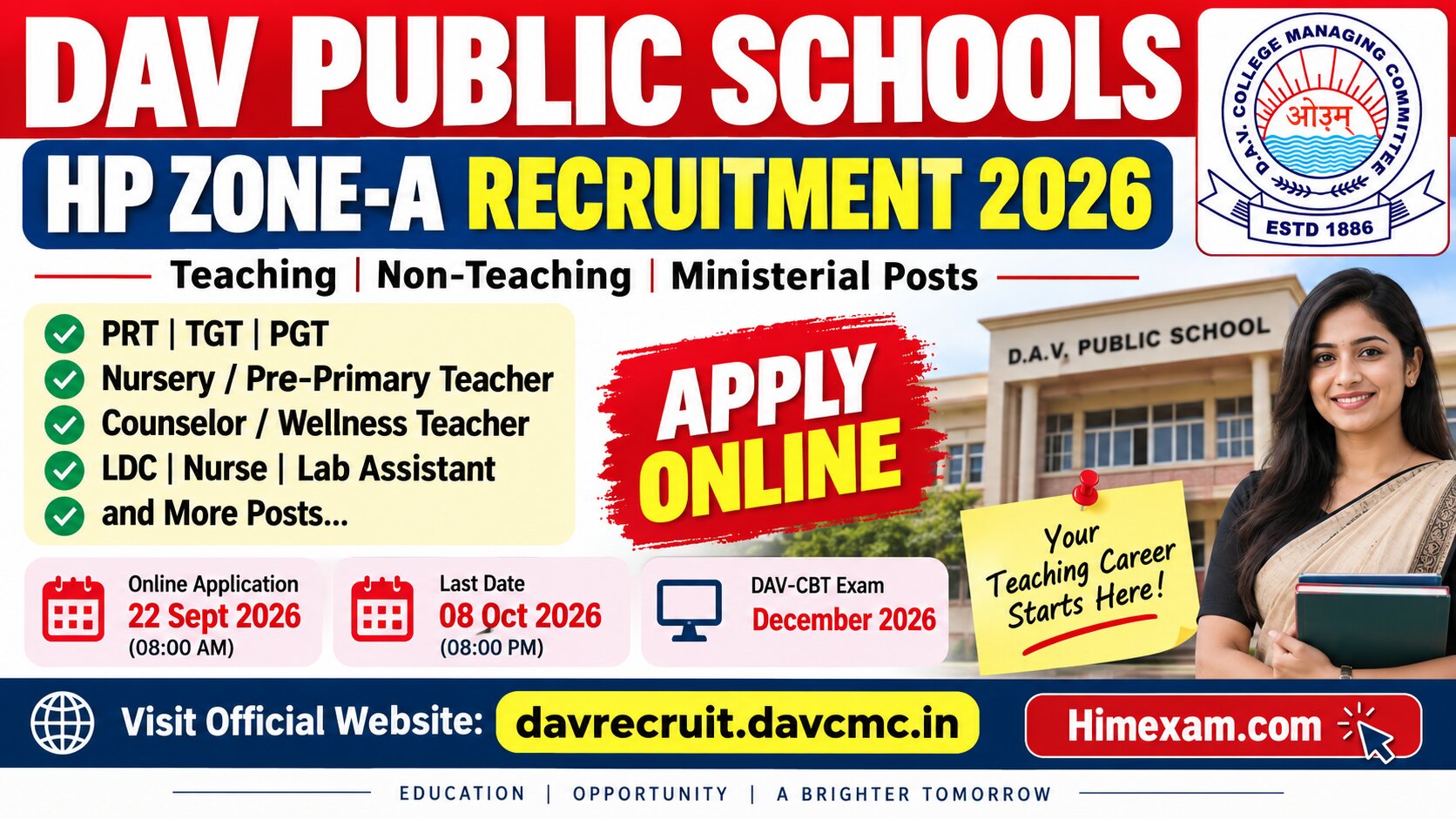 DAV Public Schools HP Zone-A Recruitment 2026: Online Application for Teaching and Non-Teaching Posts