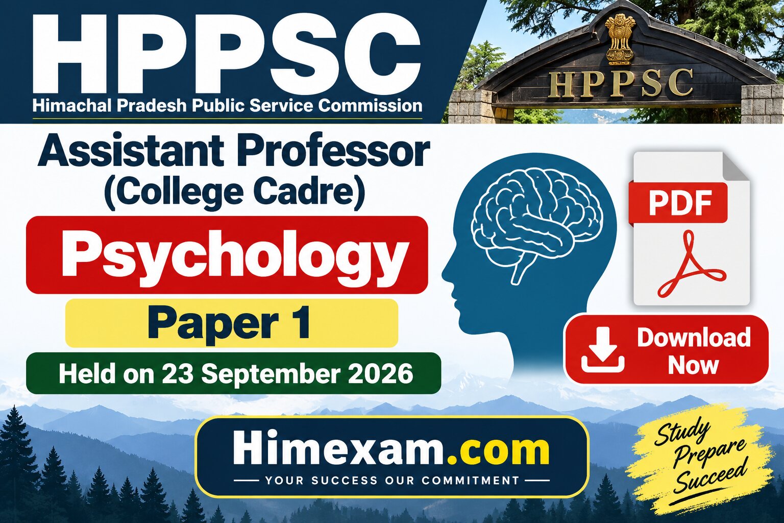 HPPSC Assistant Professor (College Cadre) Psychology Paper 1 Held on 23 September 2026 – PDF Download