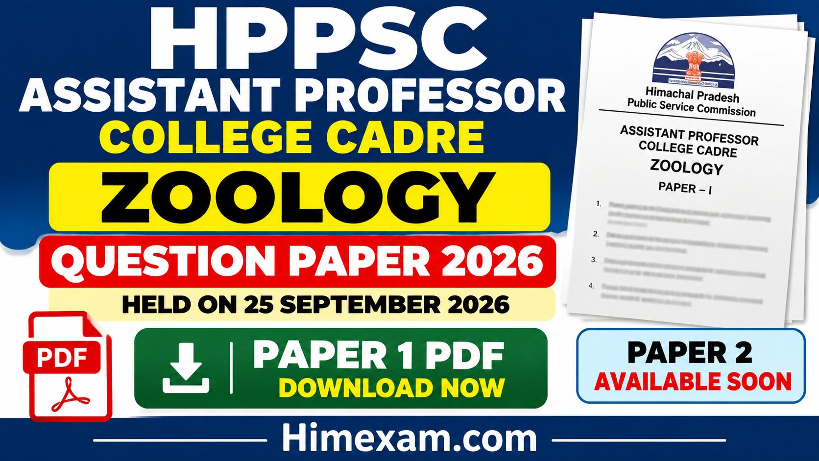 HPPSC Assistant Professor College Cadre Zoology Question Paper 2026 – Paper 1 PDF