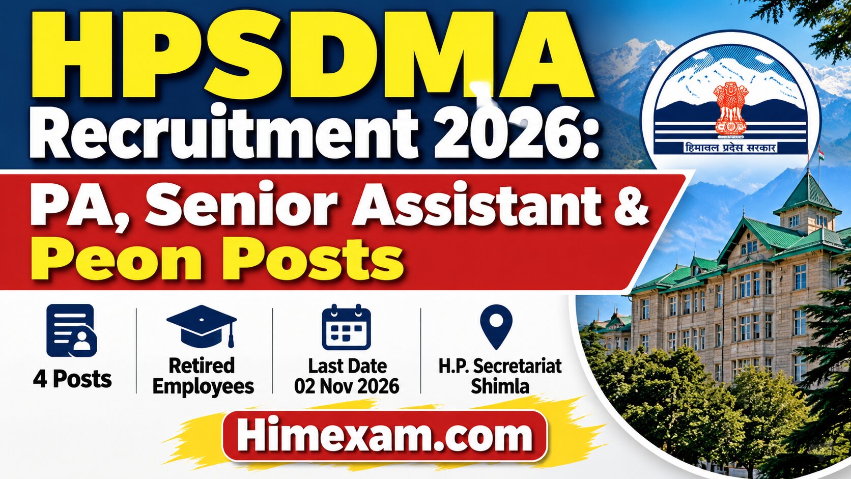 HPSDMA Recruitment 2026: PA, Senior Assistant & Peon Posts