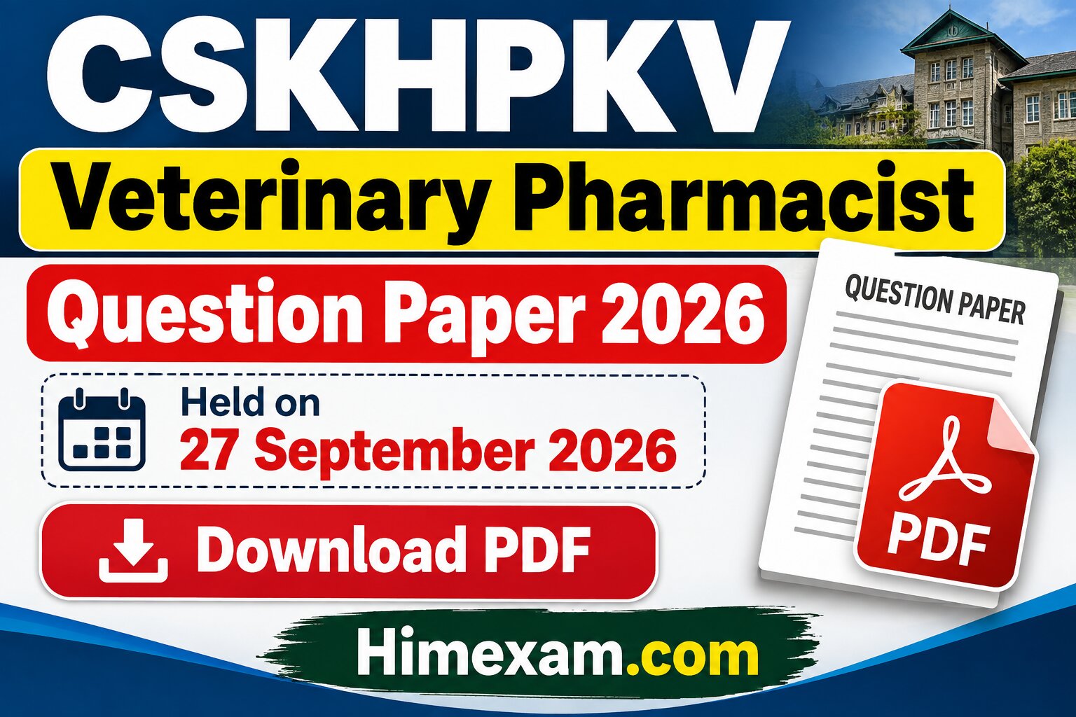 CSKHPKV Veterinary Pharmacist Question Paper 2026 PDF – 27 September 2026