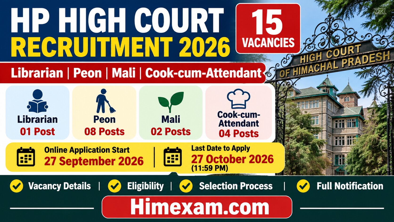 HP High Court Recruitment 2026: Librarian, Peon, Mali & Cook-cum-Attendant Posts