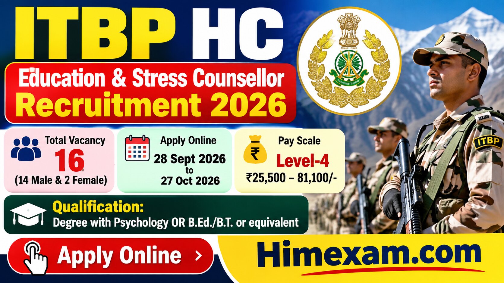 ITBP HC Education & Stress Counsellor Recruitment 2026 – Apply Online for 16 Posts