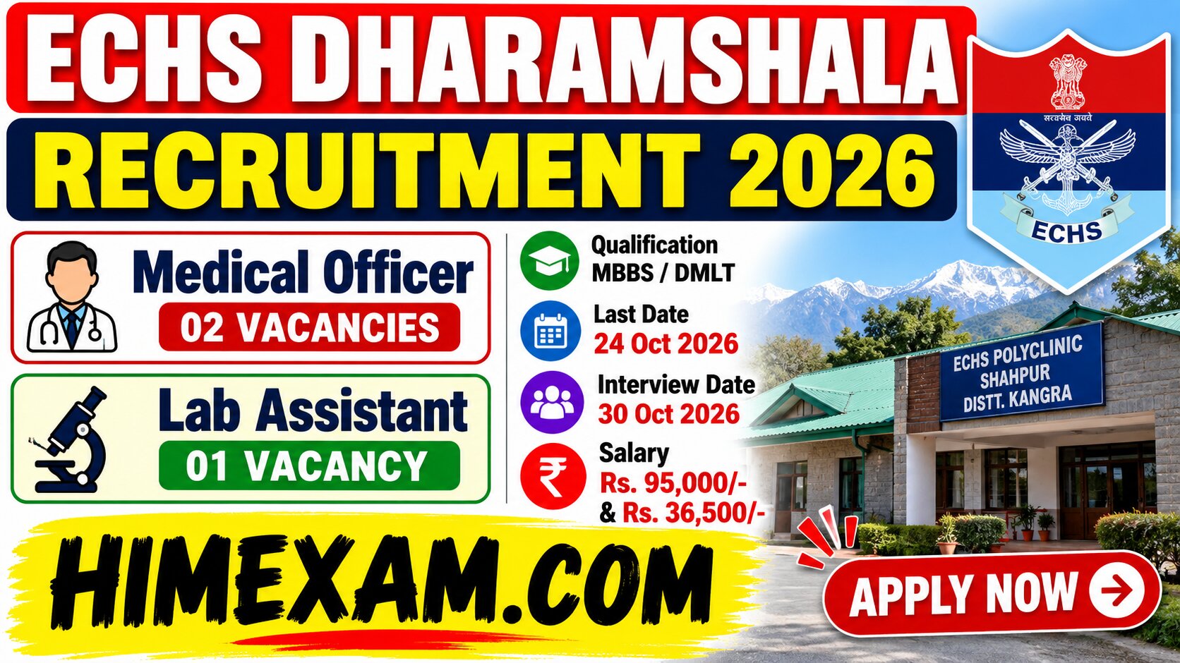 ECHS Dharamshala Recruitment 2026: Medical Officer & Lab Assistant Vacancy