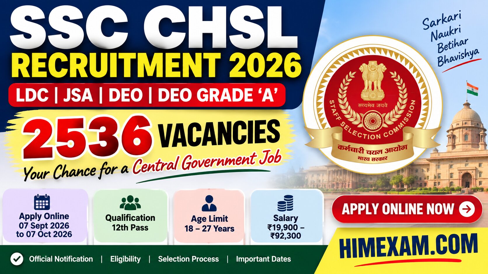 SSC CHSL Recruitment 2026: Apply Online for 2536 LDC, JSA & DEO Posts