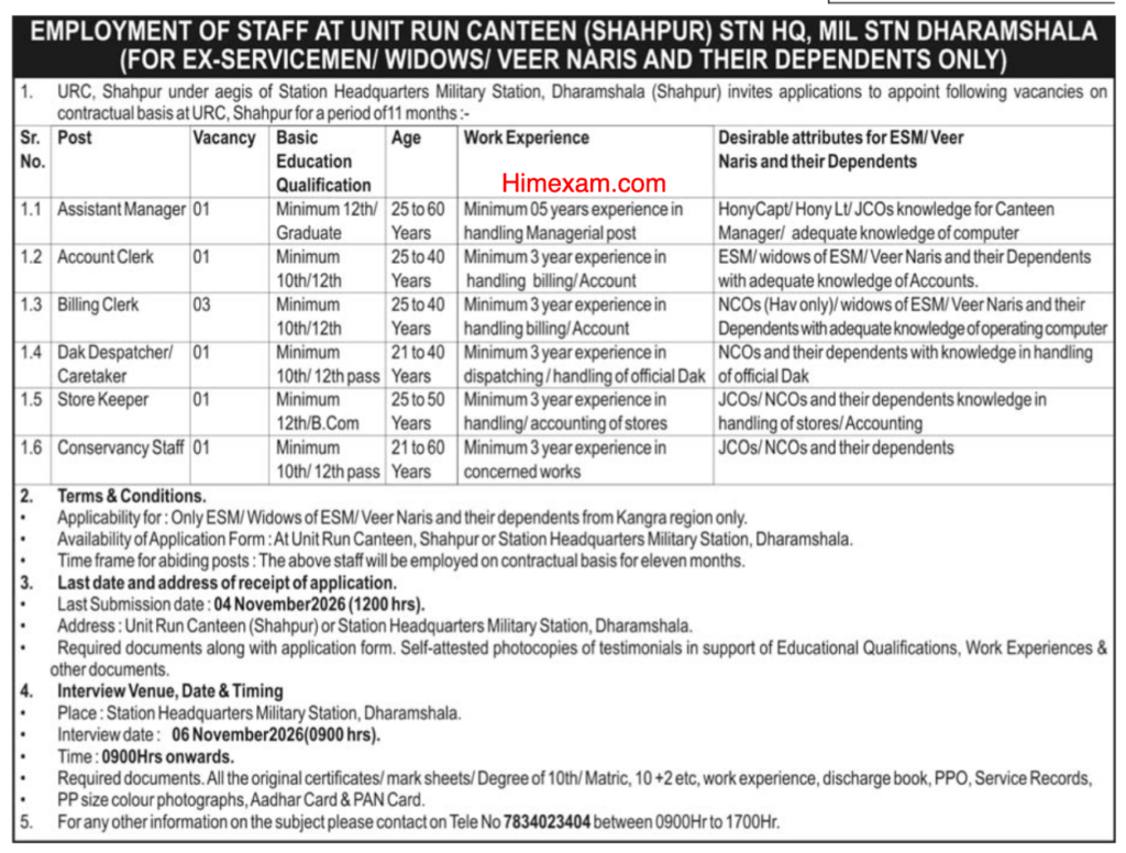 URC Shahpur Dharamshala Recruitment 2026: 8 Vacancies for Ex-Servicemen, Widows and Dependents