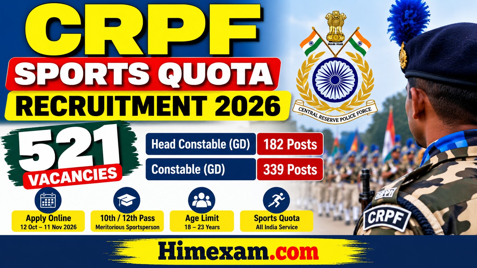 CRPF Sports Quota Recruitment 2026: Apply Online for 521 Head Constable & Constable Posts