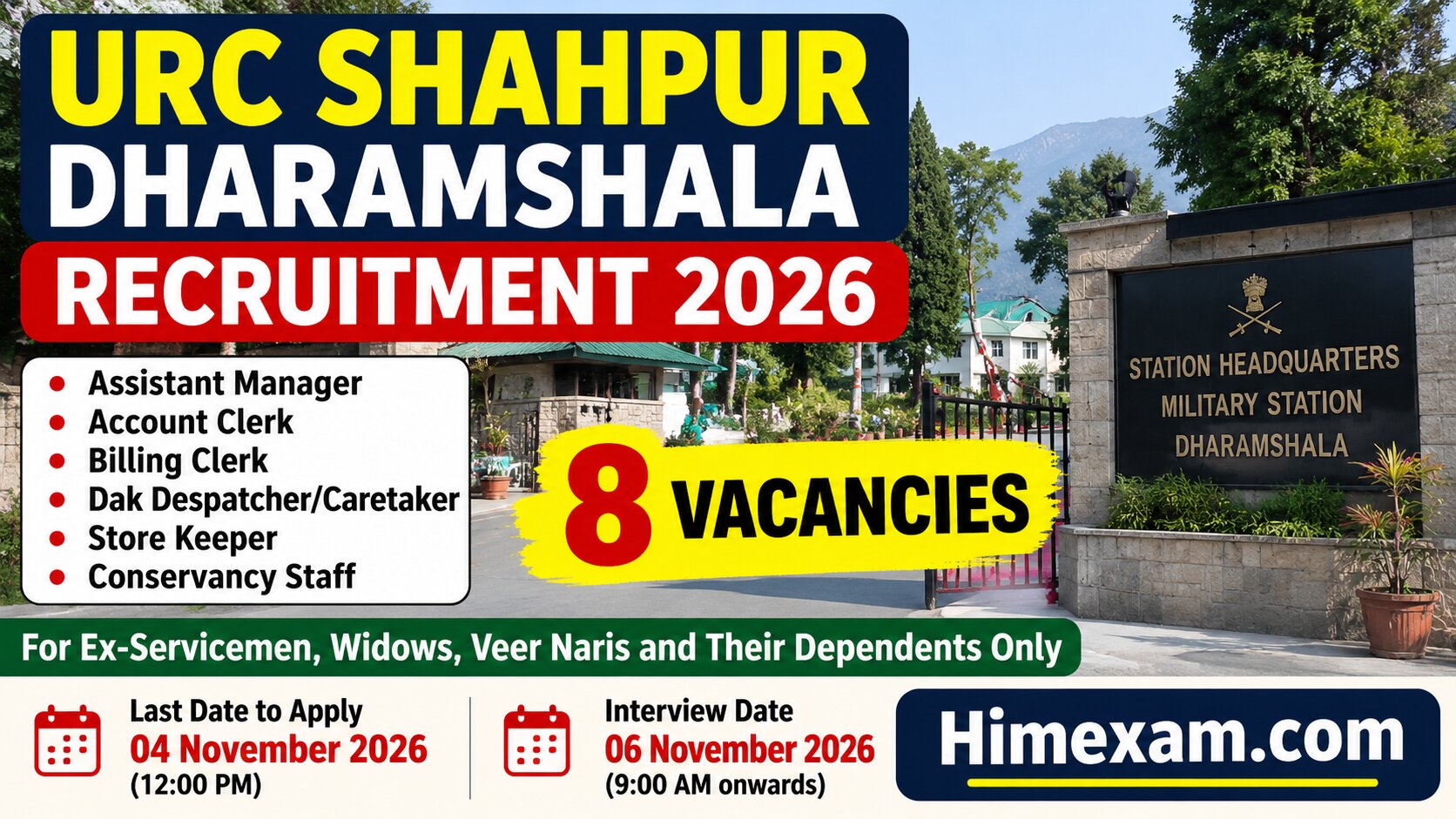URC Shahpur Dharamshala Recruitment 2026: 8 Vacancies for Ex-Servicemen, Widows and Dependents
