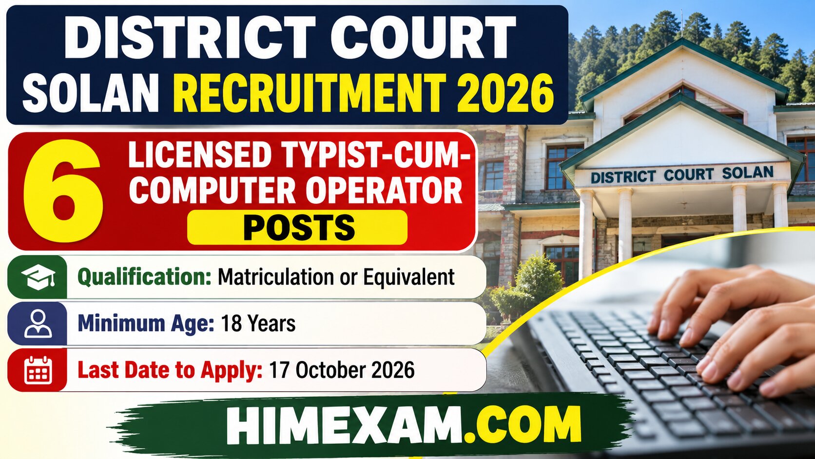 District Court Solan Recruitment 2026: Apply for 6 Licensed Typist-cum-Computer Operator Posts