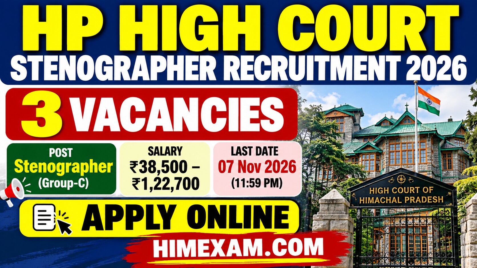 HP High Court Stenographer Recruitment 2026 – Apply Online for 3 Posts