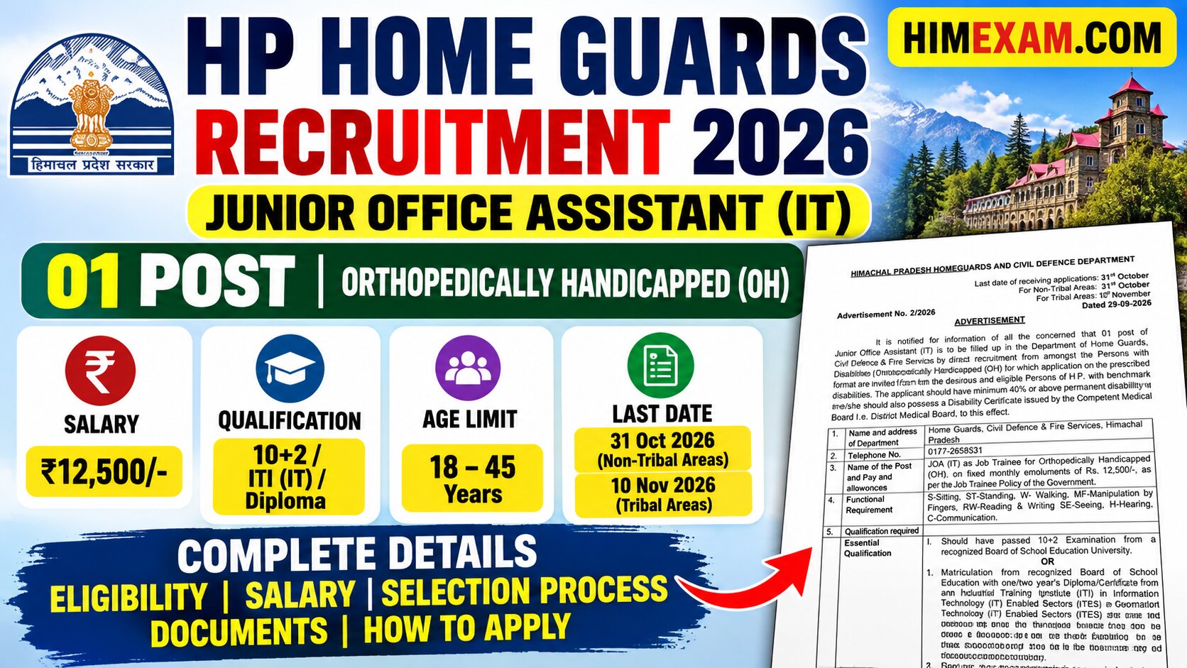 HP Home Guards JOA IT Recruitment 2026: Junior Office Assistant (IT) OH – 1 Post