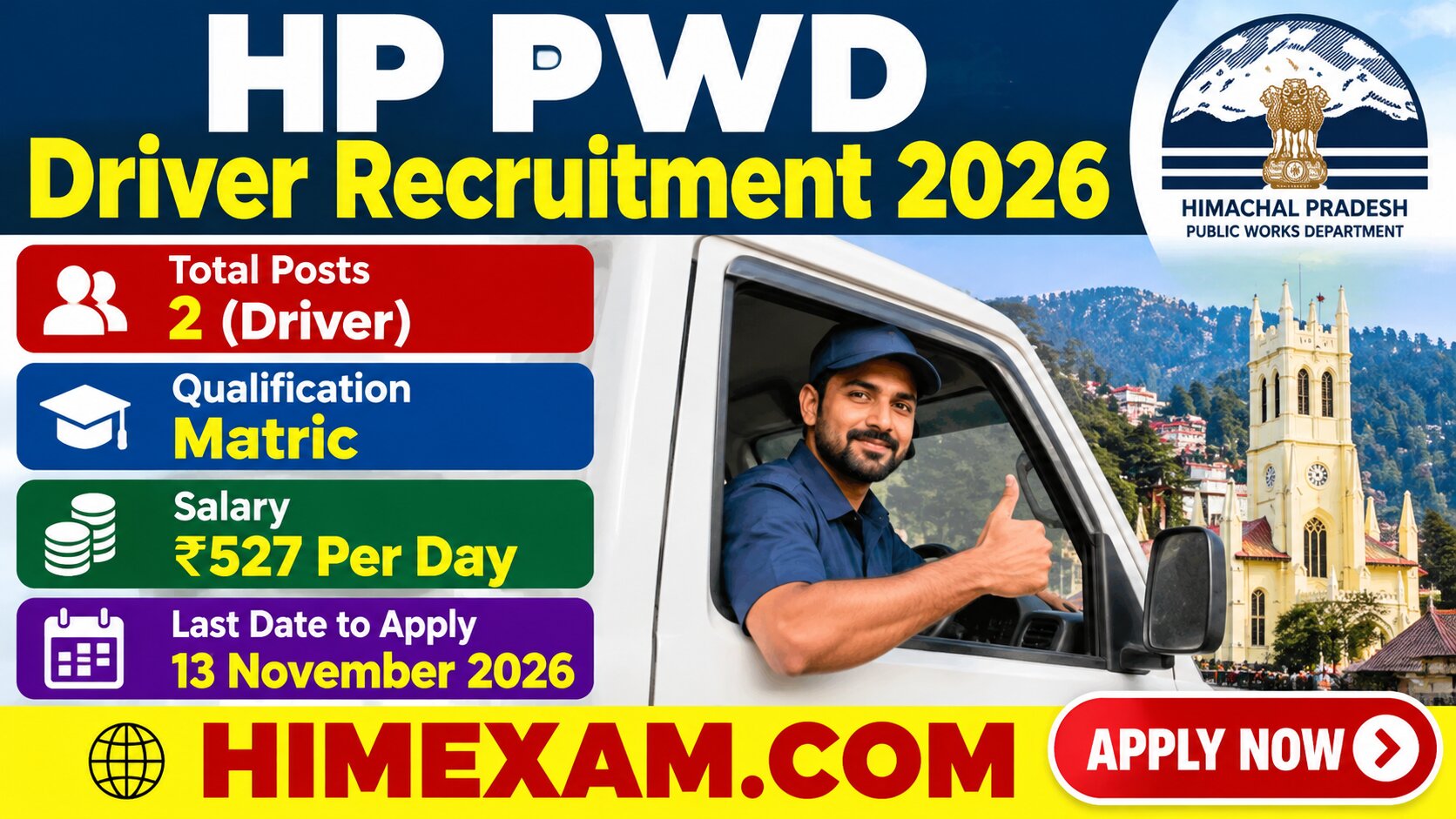 HP PWD Driver Recruitment 2026: Apply for 2 Driver Posts
