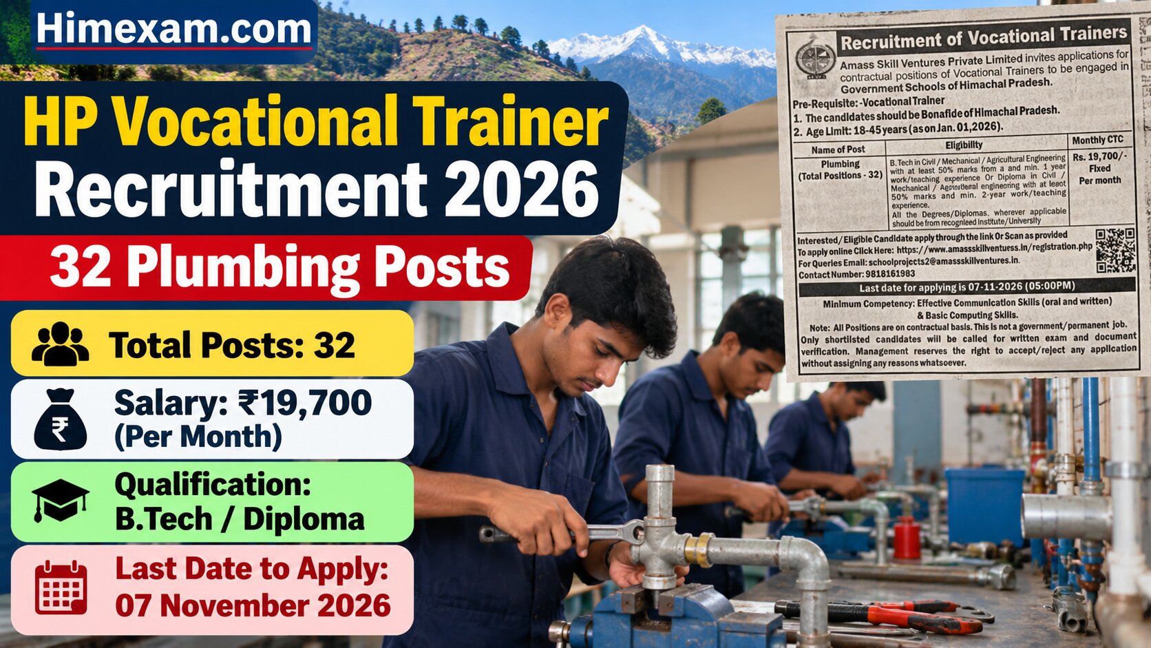 Himachal Pradesh Vocational Trainer Recruitment 2026: 32 Plumbing Posts