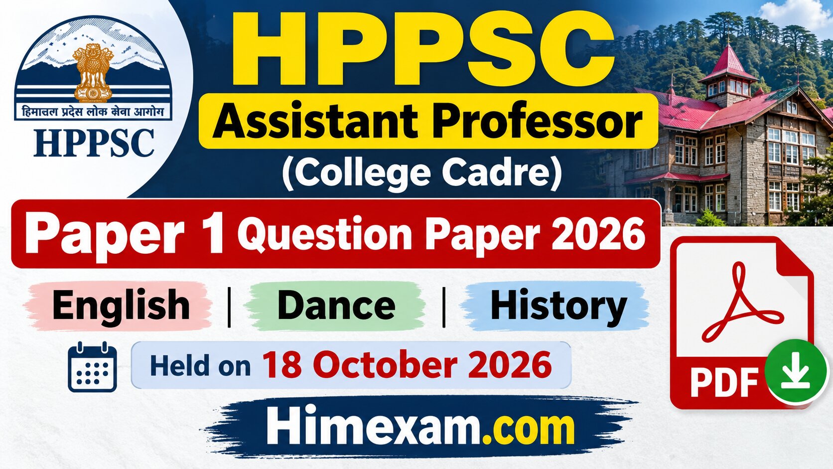 HPPSC Assistant Professor Question Paper 2026 PDF – Paper 1 English, Dance & History